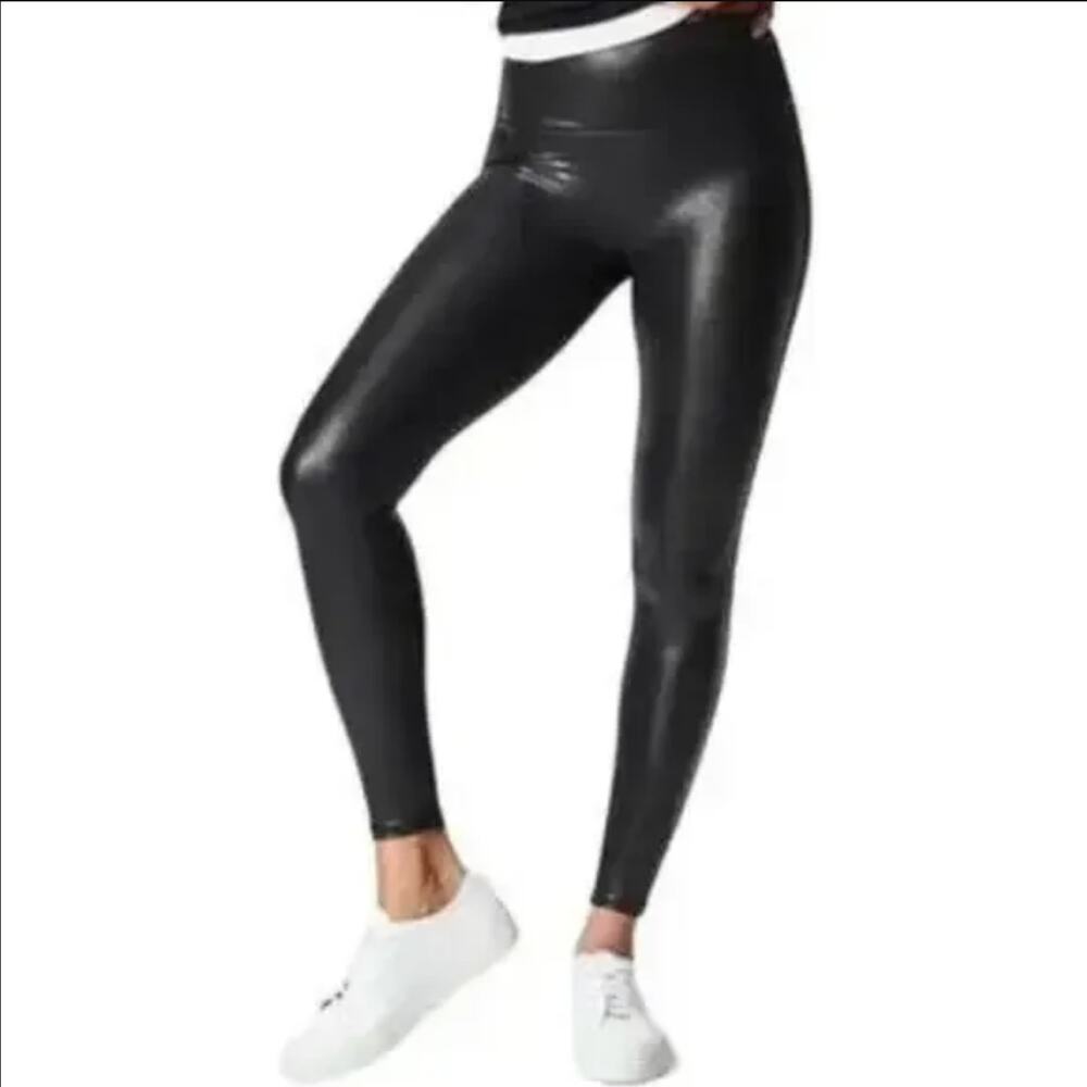 Spanx Faux Leather Leggings Shaping Compression High Waisted Stretch Black M